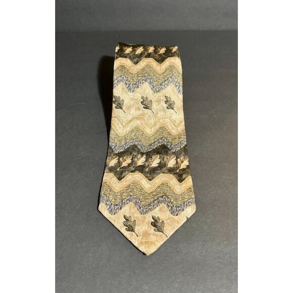 Barrington Silk Necktie Zig Zag Oak Leaf Pattern Brown Green Gold Vintage Silk - Picture 1 of 4